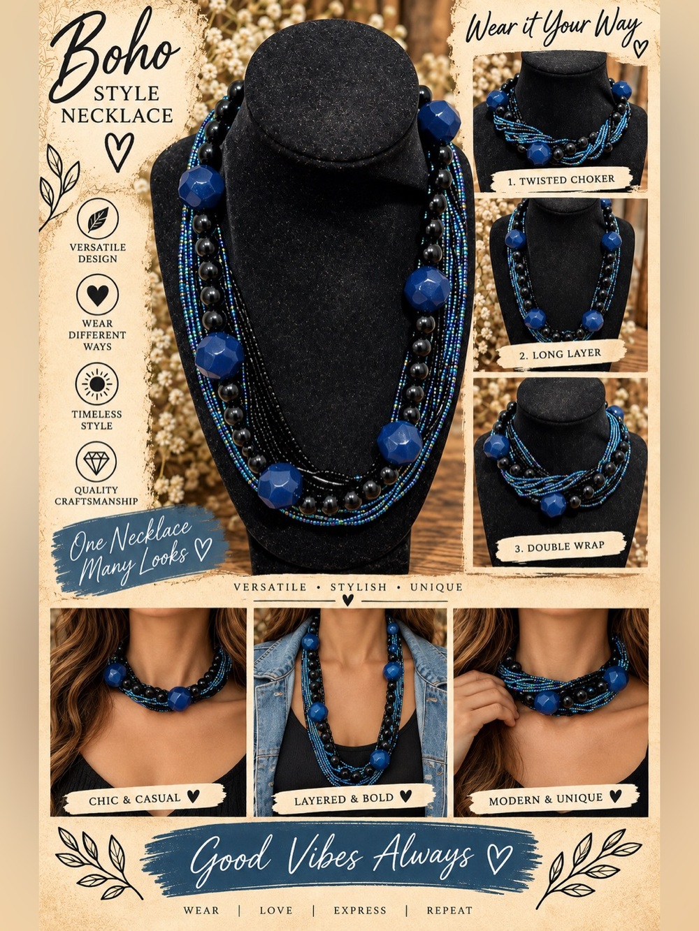 Erica Lyons Blue Multi-Strand Boho Necklace